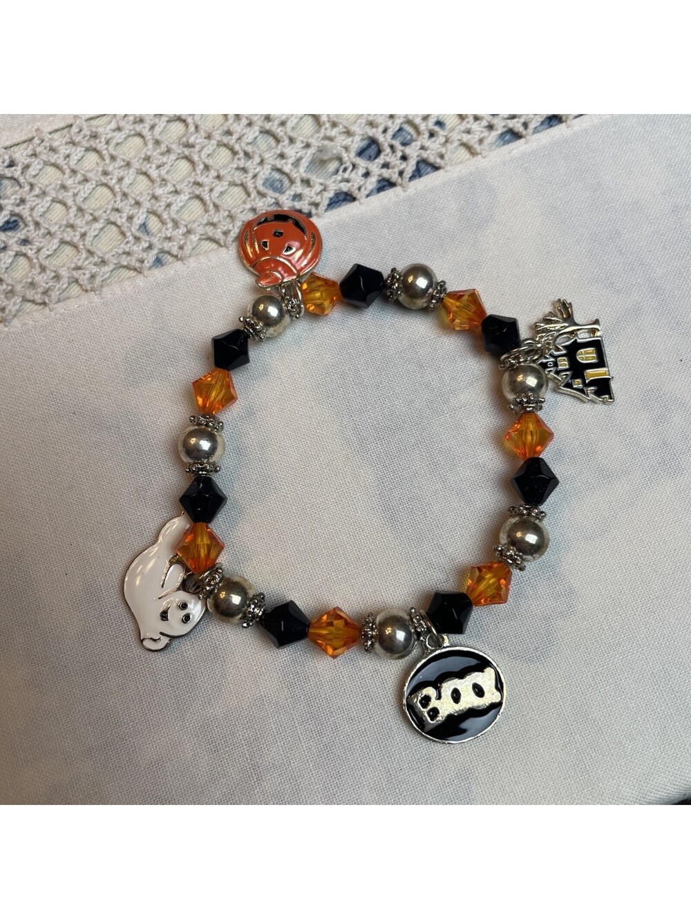 Halloween Beaded Stretch Bracelet With Charms Ghost Haunted House Boo Pumpkin